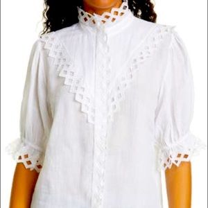 FRAME Embroidered High Neck Short Sleeve Top XL